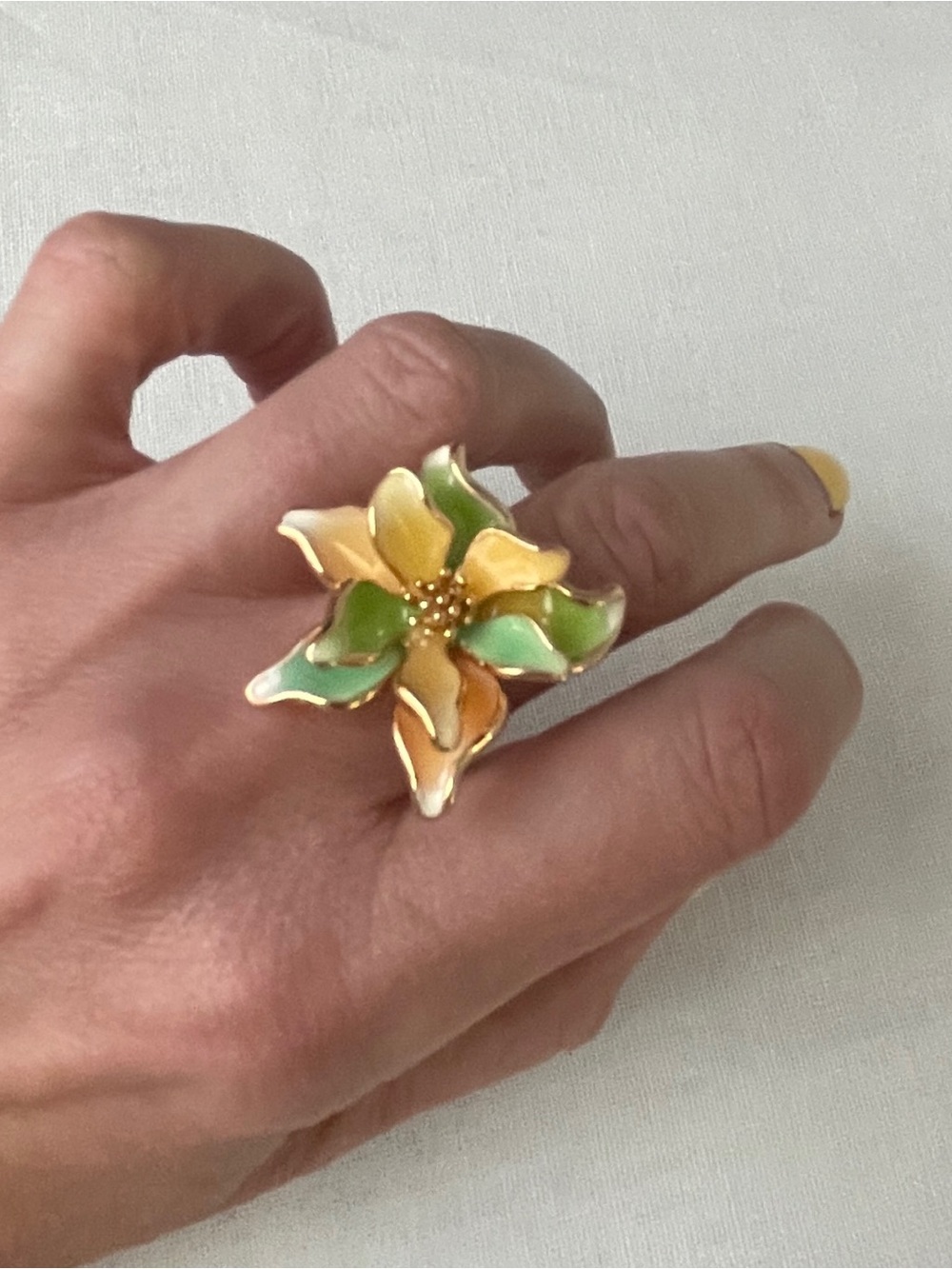 Gold-Tone Green & Yellow Floral Cocktail Ring
